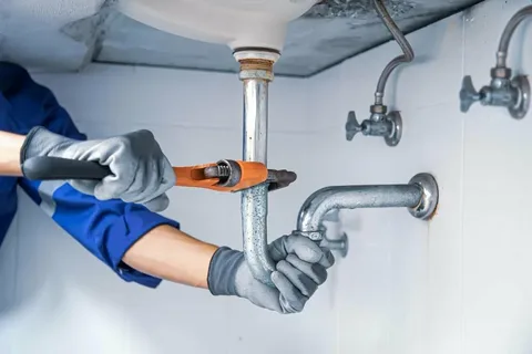 A plumber in a blue uniform and cap inspecting white plastic drainage pipes under a sink for Plumbing Services Stony Plain.